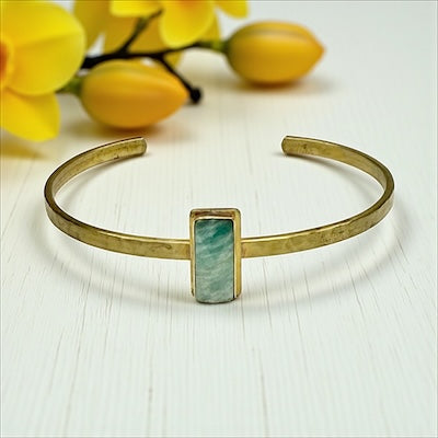 Faceted Semi-Precious Amazonite Adjustable Brass Bracelet