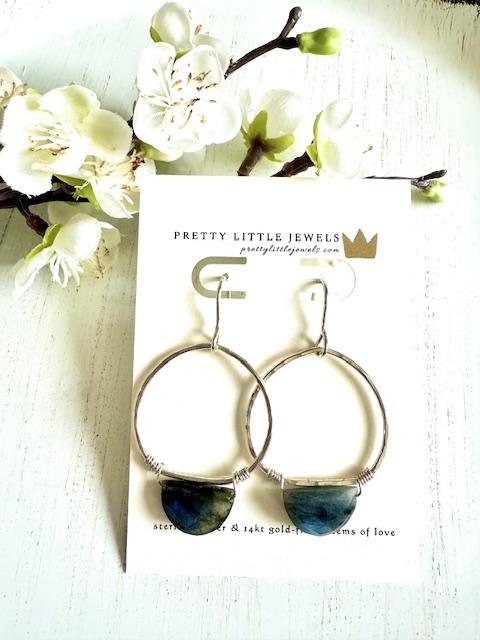 Sterling Silver Hoop Earrings w/ Half Moon Faceted Labradorite