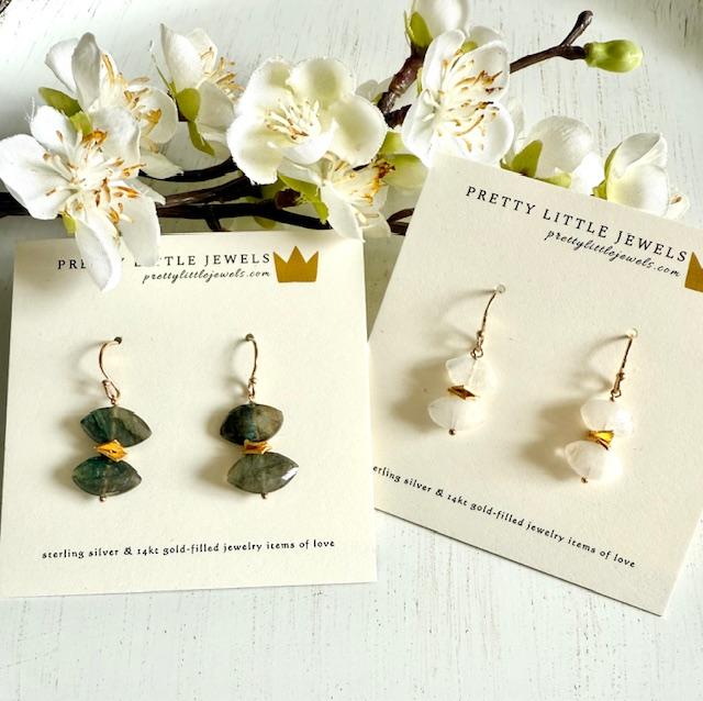 14K Gold Filled Double Faceted Marquise Semi-Precious Moonstone Dangle Earrings