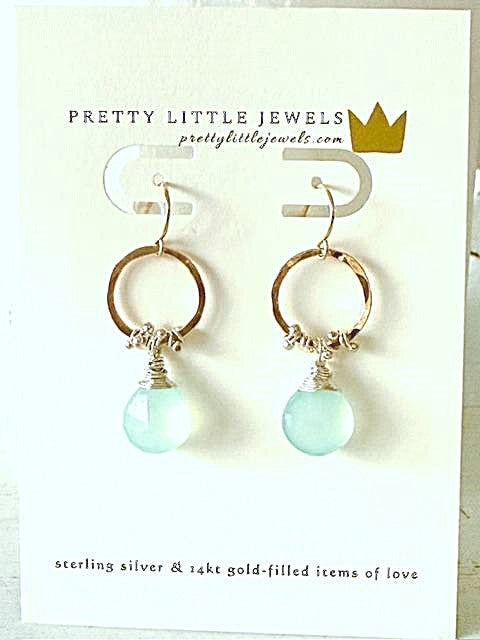 Hand Forged 14K Gold Fill & Sterling Silver Hoops w/ Semi-Precious Aqua Chalcedony