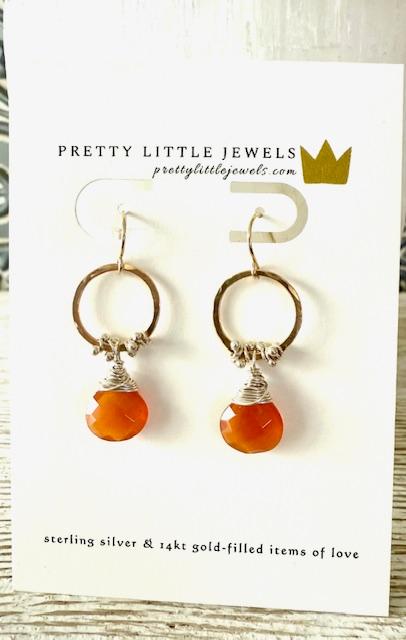 Hand Forged 14K Gold Fill & Sterling Silver Hoops w/ Semi-Precious Carnelion