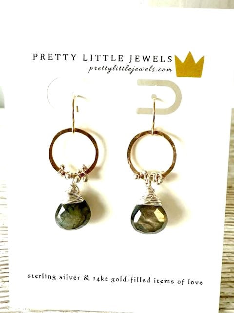 Hand Forged 14K Gold Fill & Sterling Silver Hoops w/ Semi-Precious Labradorite