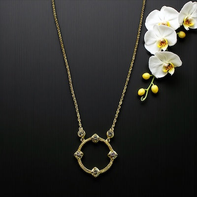 Gold Vermeil Vintage Inspired Circle Pendant Necklace with Bezel Set CZ
