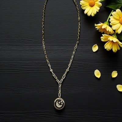 Gold Vermeil Paperclip Link & Pave CZ Crescent Moon Pendant Necklace