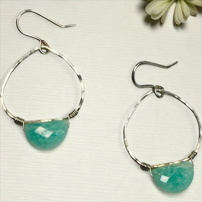 Sterling Silver Hoop Earrings w/ Half Moon Faceted Amazonite Stone