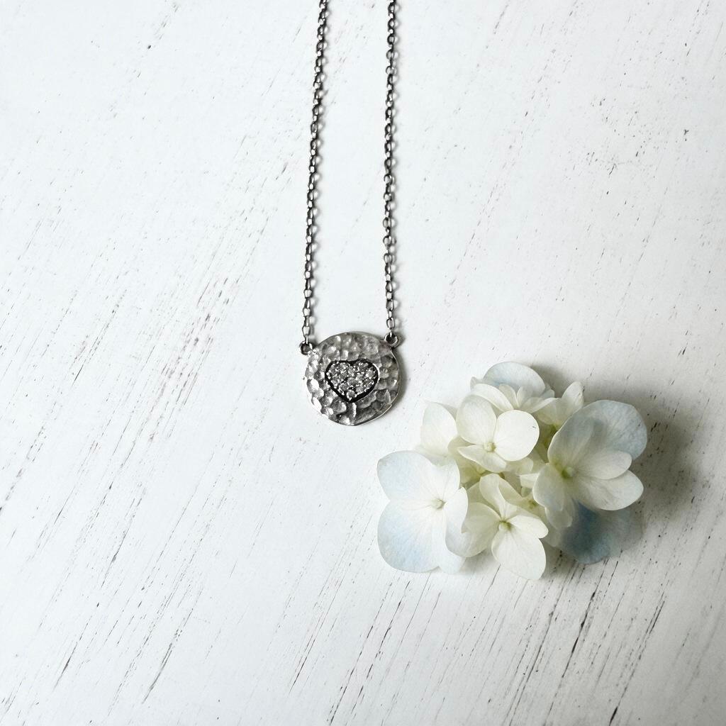 Sterling Silver & CZ Hammered Round Heart Necklace