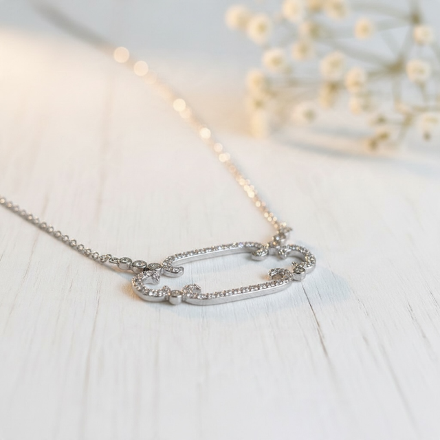 Sterling Silver and CZ Pave Horizontal Filagree Necklace