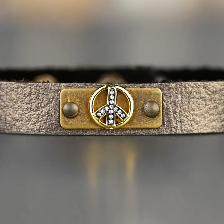 Leather Stacker Cuff w/ Pave Peace Sign