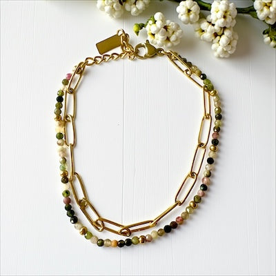 Double Chain Gold-Filled Paperclip Link Bracelet w/ Mixed Semi-Precious Stones
