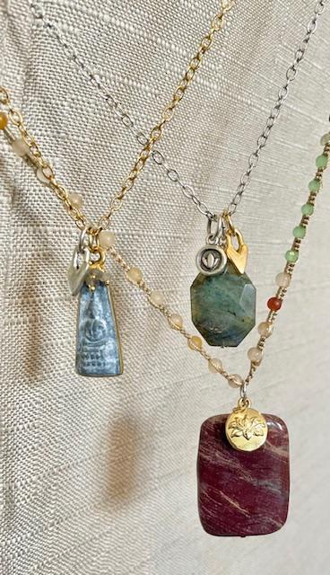 Handmade Braided Natural Stones Chord 30" Necklace w/ Jasper Stone & Lotus Charm