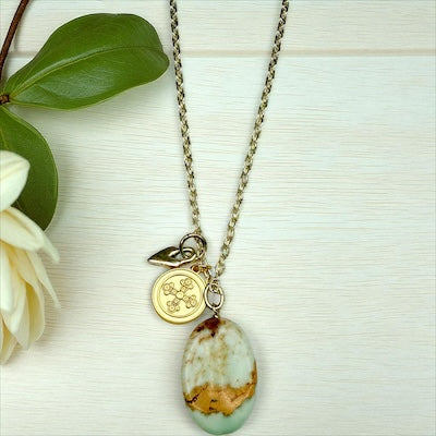 Sterling Silver 24" Textured Link Necklace w/ Vermeil Charms and Jasper Stone (Copy)