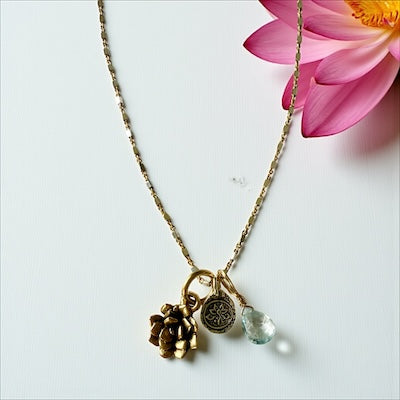 14kt Gold Vermeil & Sterling Silver Mixed Metal Necklace w/ Lotus Charms & Blue Topaz