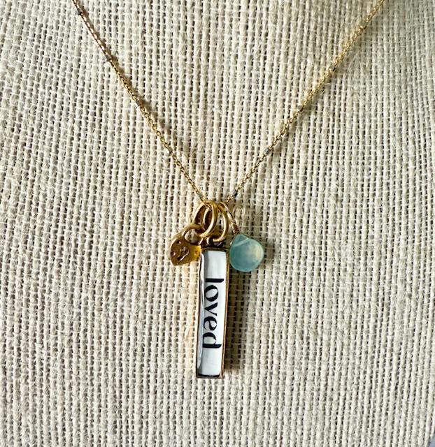 "LOVED" Sterling Silver & 14kt Vermeil Necklace w/ Semi-Precious Chalcedony