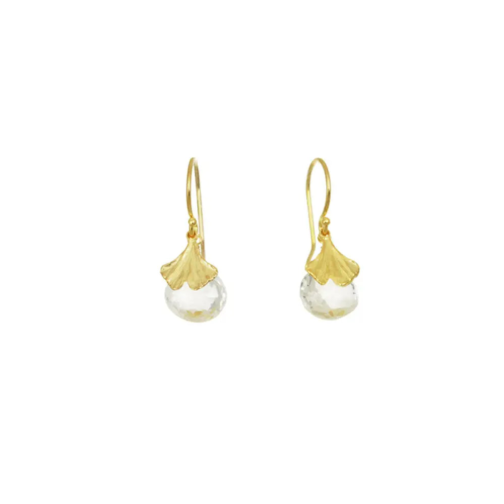 18K Gold Vermeil Mini Gingko Earrings with White Topaz