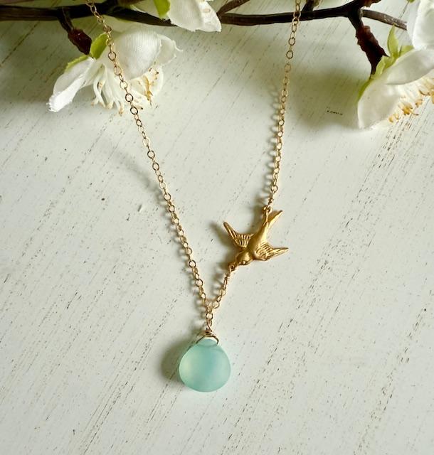 Gold Vermeil Bird Necklace with Semi-Precious Chalcedony Stone