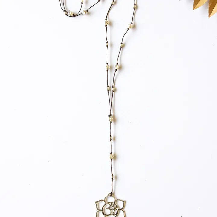 Ohm Flower Silver Rhodium Necklace on Linen Cord