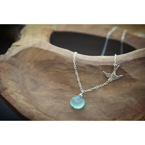 Sterling Silver Bird Necklace with Semi-Precious Chalcedony Stone