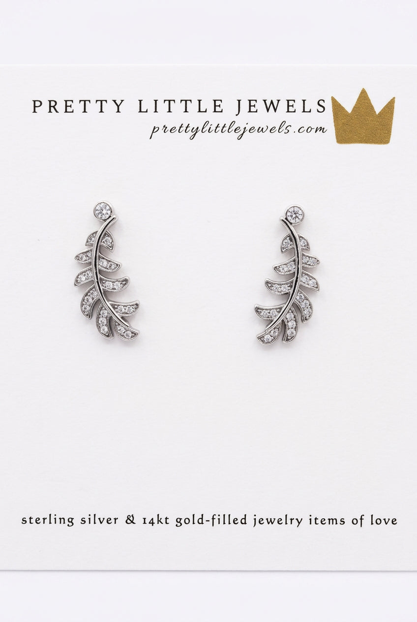 Sterling Silver Filagree & CZ Leaf Earrings