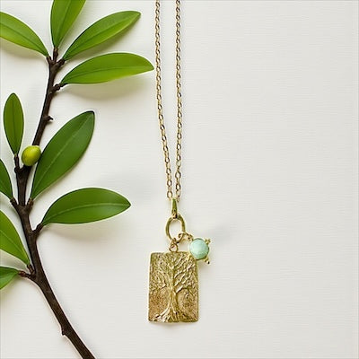 18kt Gold Plated 24" Necklace & Tree Pendant w/ Semi-Precious Amazonite