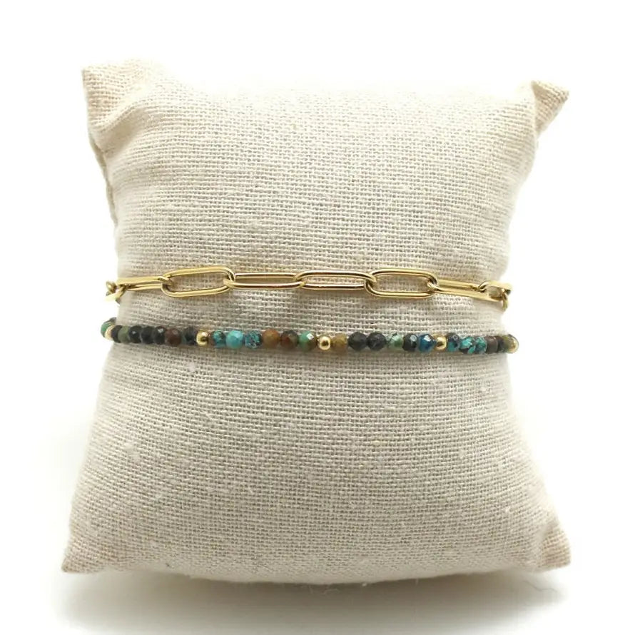 Double Chain Gold-Filled Paperclip Link Bracelet w/ Semi-Precious African Turquoise