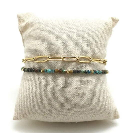 Double Chain Gold-Filled Paperclip Link Bracelet w/ Semi-Precious African Turquoise