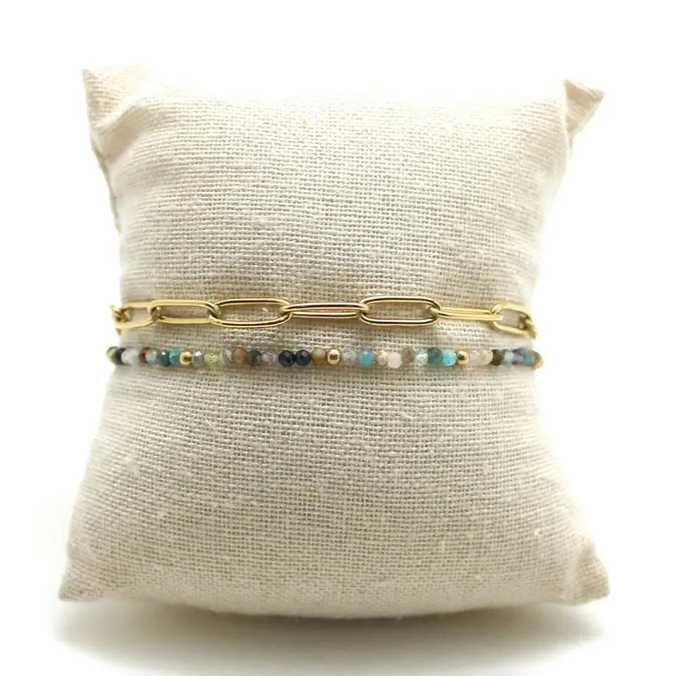 Double Chain Gold-Filled Paperclip Link Bracelet w/ Mixed Semi-Precious Stones