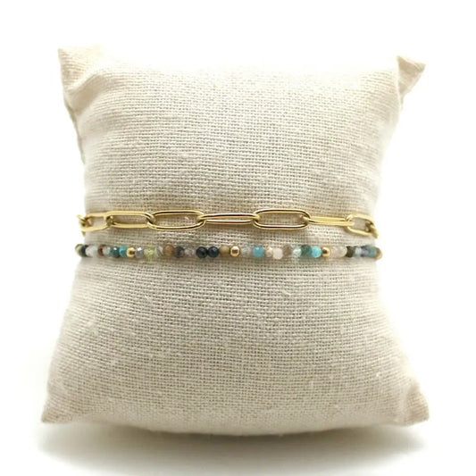 Double Chain Gold-Filled Paperclip Link Bracelet w/ Mixed Semi-Precious Stones