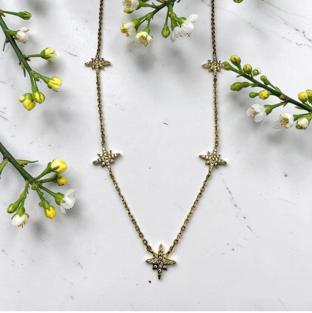 Gold Vermeil 5-Station CZ Pave Star  Necklace
