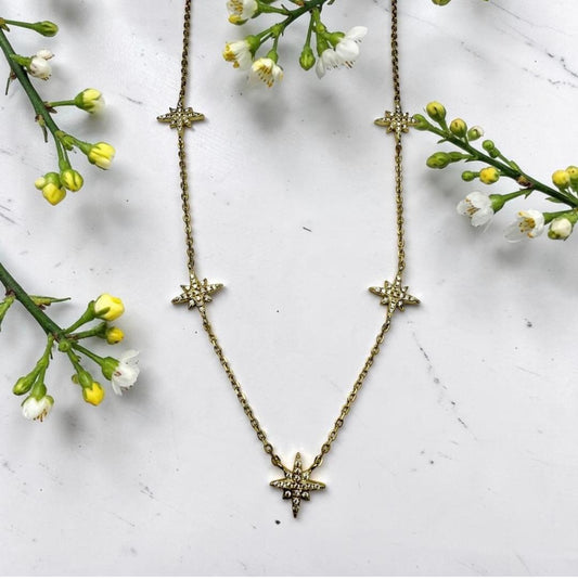 Gold Vermeil 5-Station CZ Pave Star  Necklace