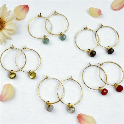 Gold Vermeil Hoop Earrings w/ Semi-Precious Stones - Smoky Topaz
