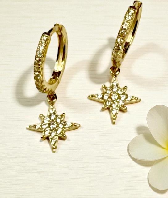 Gold Vermeil Petite Pave CZ Huggies w/ Dangling CZ Stars