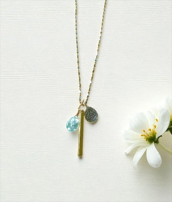 14kt Gold Vermeil & Sterling Silver Mixed Metal Necklace w/ Semi-Precious Stone - Blue Topaz