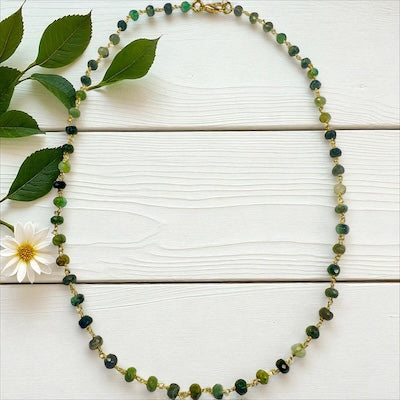 Gold Vermeil Hand Beaded Necklace with Faceted Semi-Precious Emerald Stones