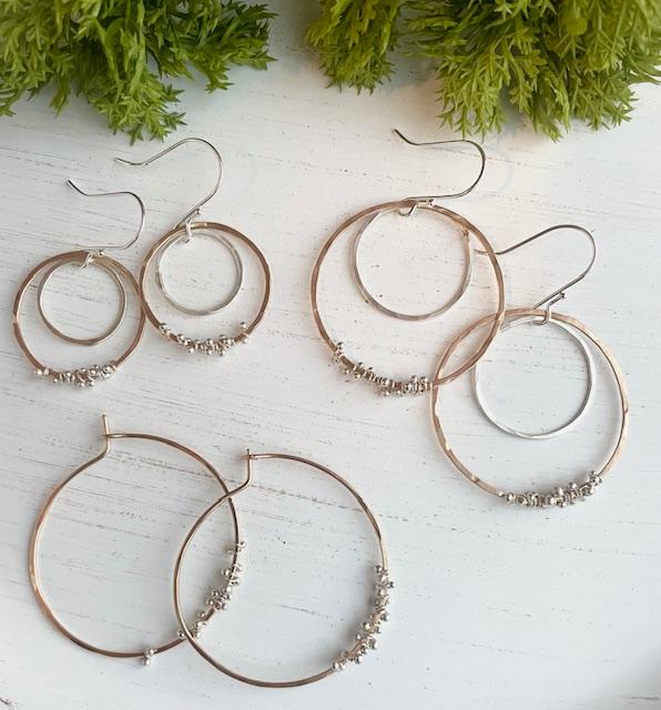 Hand Forged Gold Fill Hoops with Sterling Silver & Beaded Accents 1.75"