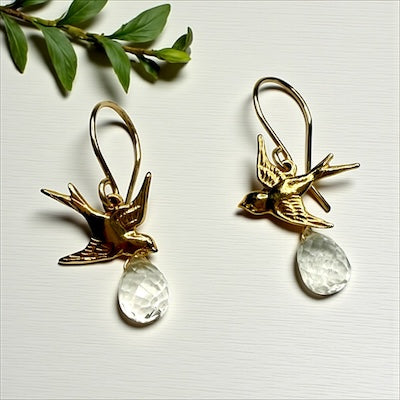 Gold Vermeil Bird with Faceted White Topaz Dangle Earrings