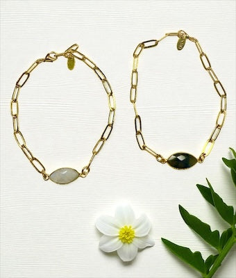 Gold-Plated Brass Paperclip Link Bracelet w/ Faceted Semi-Precious Labradorite