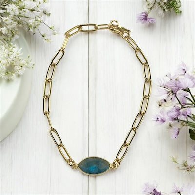 Gold-Plated Brass Paperclip Link Bracelet w/ Faceted Semi-Precious Labradorite