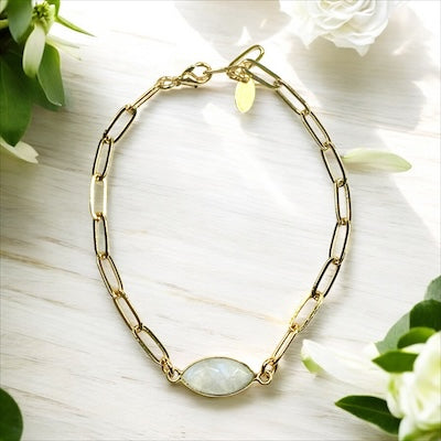 Gold-Plated Brass Paperclip Link Bracelet w/ Faceted Semi-Precious Moonstone