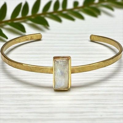 Faceted Semi-Precious Moonstone Adjustable Brass Bracelet