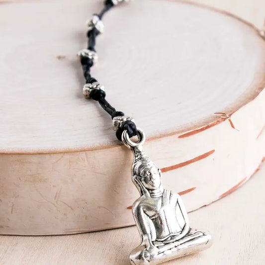 Buddha Rhodium Woven Linen Black Cord Necklace w/ Flower Stations