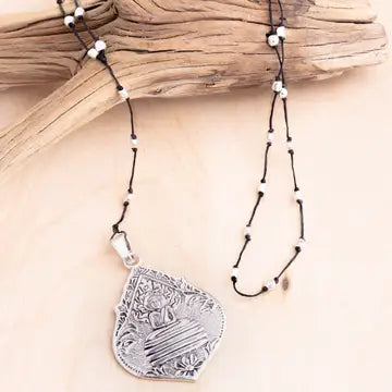 Buddha Large Silver Rhodium Pendant Necklace on Linen Cord