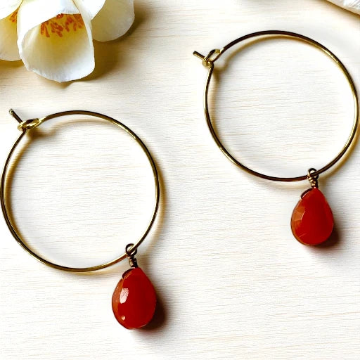Gold Vermeil Hoop Earrings w/ Semi-Precious Faceted Teardrop - Orange Carnelian