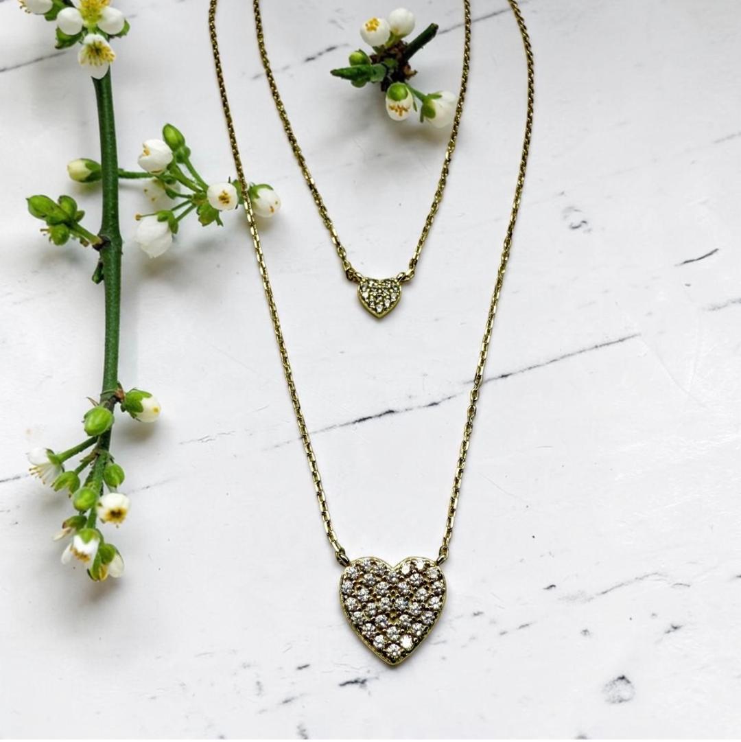 Gold Vermeil Double Heart Pave CZ 2-Tier Necklace
