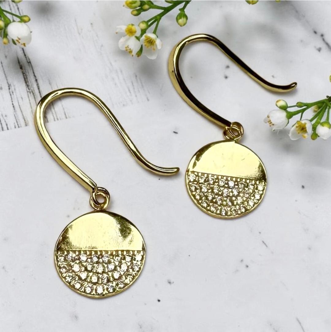 Gold Vermeil Pave CZ Round Circle Dangle Earrings