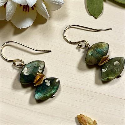 14K Gold FIlled Double Marquise Semi-Precious Labradorite Dangle Earrings