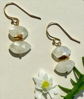 14K Gold Filled Double Faceted Marquise Semi-Precious Moonstone Dangle Earrings