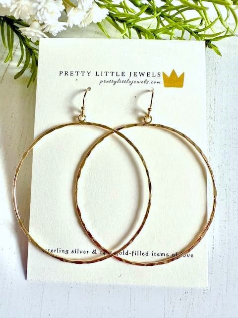 Gold Vermeil delicate thin large 2" dangle hammered hoop earrings