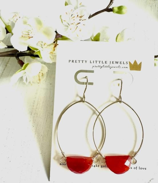 Sterling Silver Hoop Earrings w/ Half Moon Faceted Carnelian