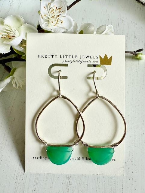 Sterling Silver Hoop Earrings w/ Half Moon Faceted Teal Quartzite Stone