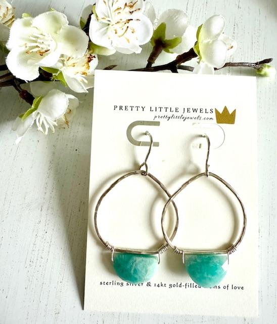 Sterling Silver Hoop Earrings w/ Half Moon Faceted Amazonite Stone